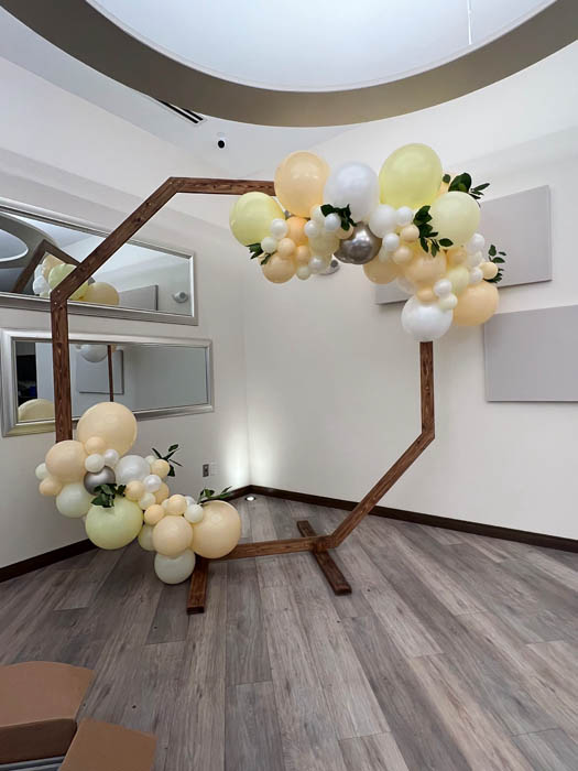 Hexagon arch backdrop with balloons in opposing corners using lemonade, white, and blush with fresh greenery.